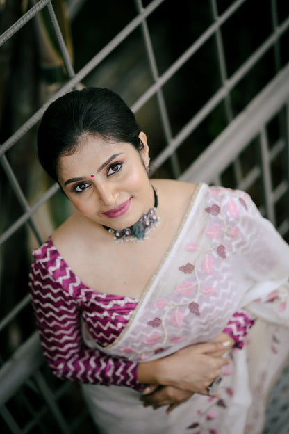 Premium Crushed Georgette Designer Saree in White Leaf Edition with Batik Print Crape Silk Blouse