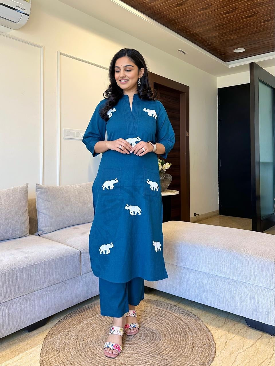 Elephant embroidered cotton pant set - Swaraas