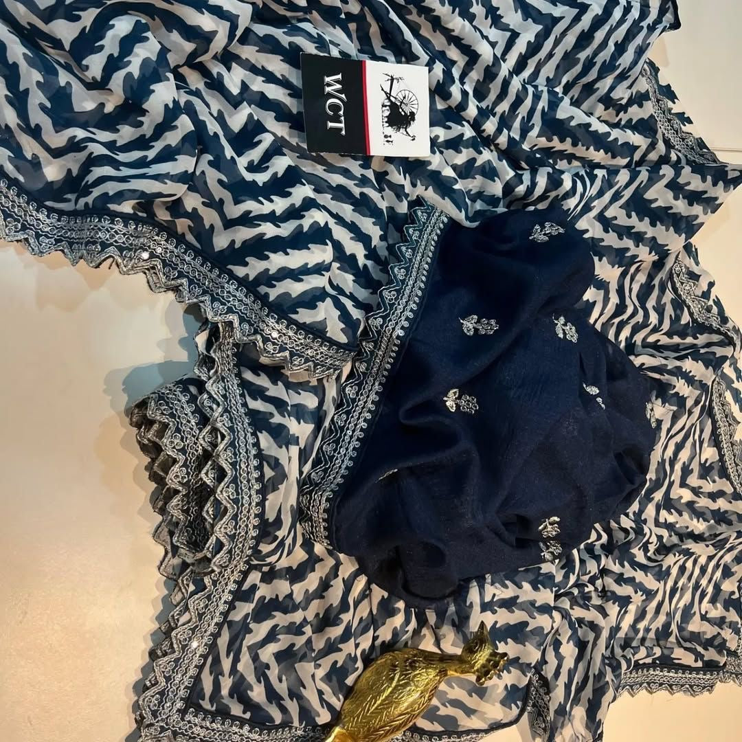 Lehriya Georgette Printed Saree with Heavy Sequin Lace Border & Silk Embroidered Blouse – Lahriya Special Collection