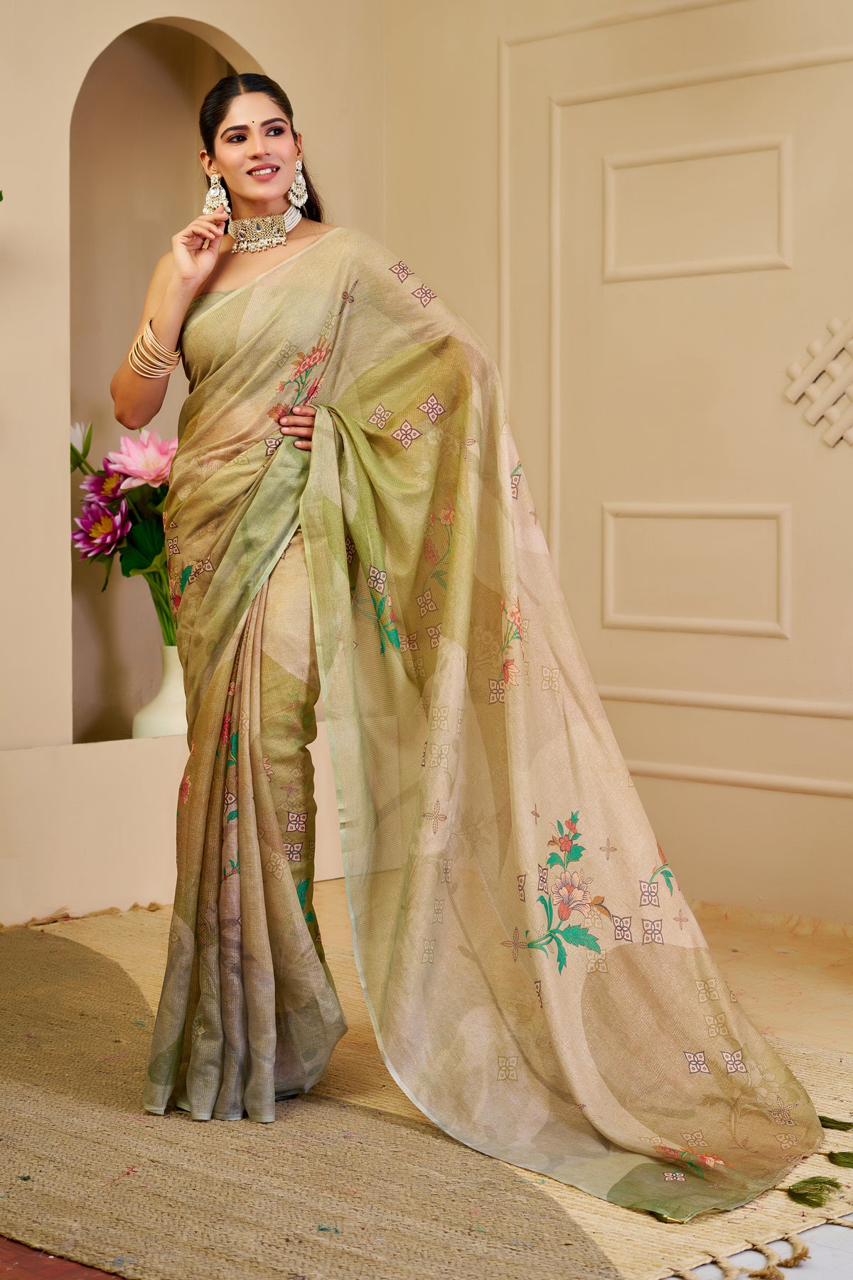 Champagne Gold and Olive Green Tissue Silk Saree with Floral Motifs, Tasselled Pallu and Running Blouse for Festive Wear