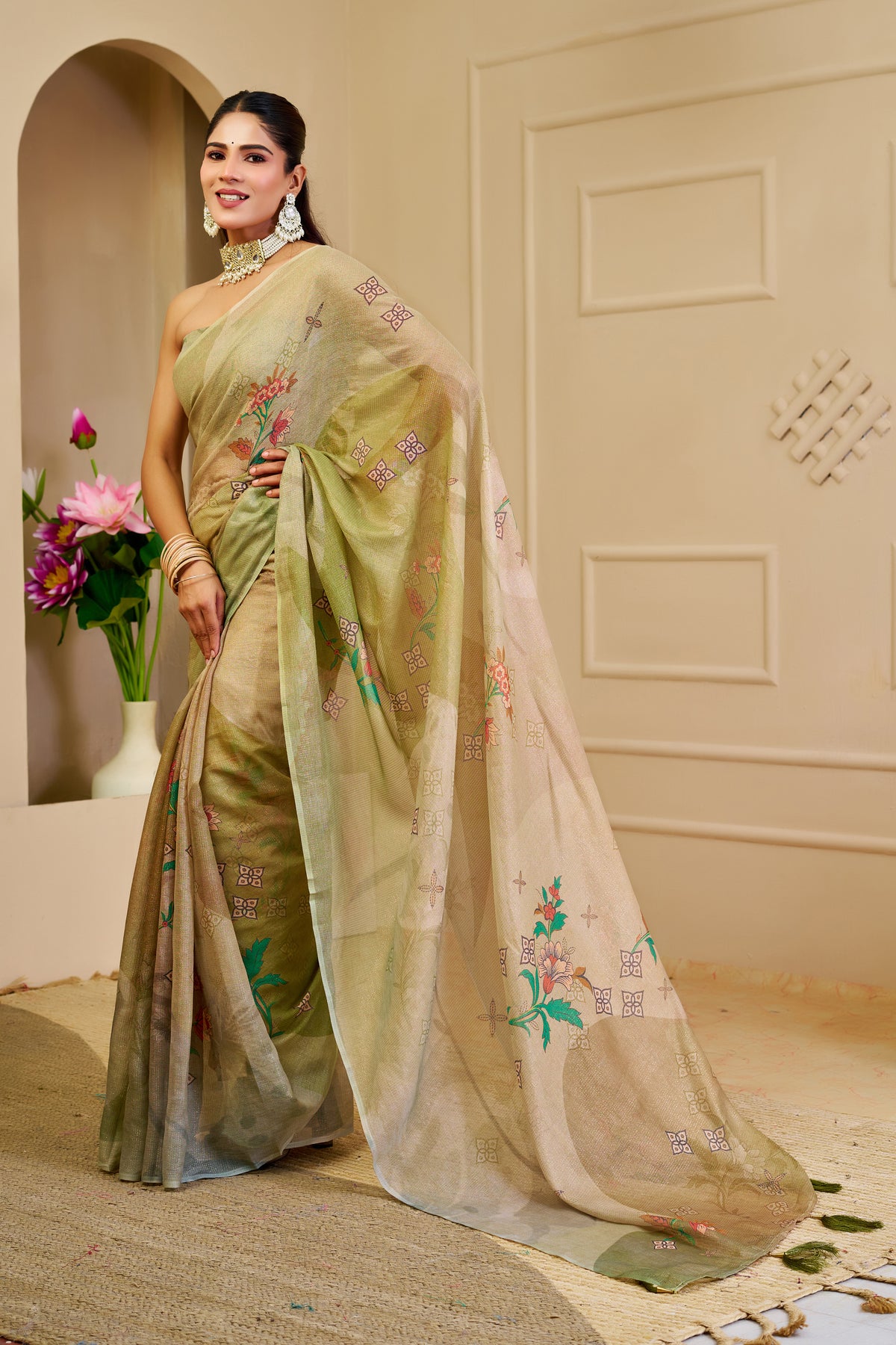 Champagne Gold and Olive Green Tissue Silk Saree with Floral Motifs, Tasselled Pallu and Running Blouse for Festive Wear