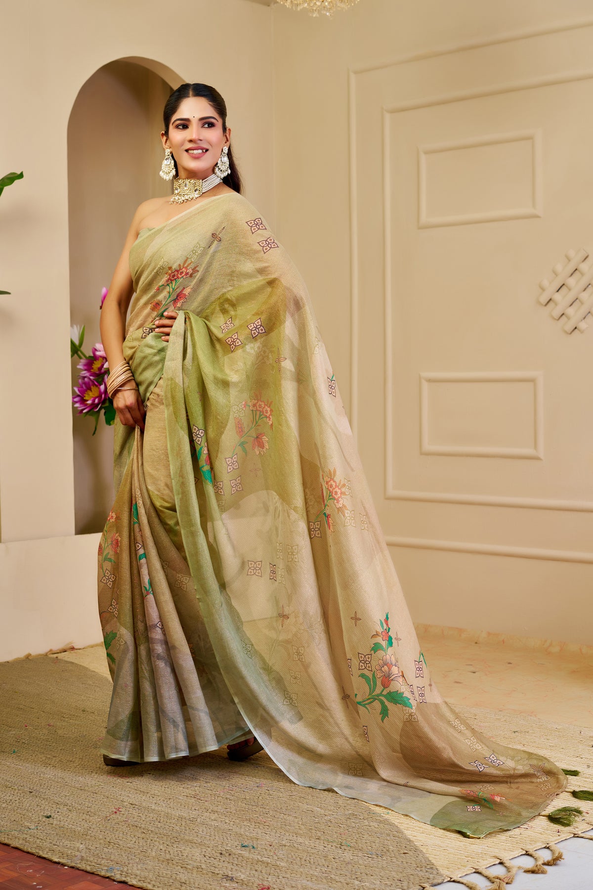 Champagne Gold and Olive Green Tissue Silk Saree with Floral Motifs, Tasselled Pallu and Running Blouse for Festive Wear