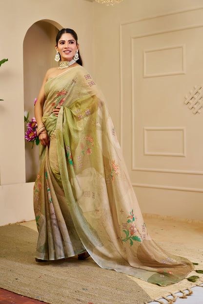 Champagne Gold and Olive Green Tissue Silk Saree with Floral Motifs, Tasselled Pallu and Running Blouse for Festive Wear