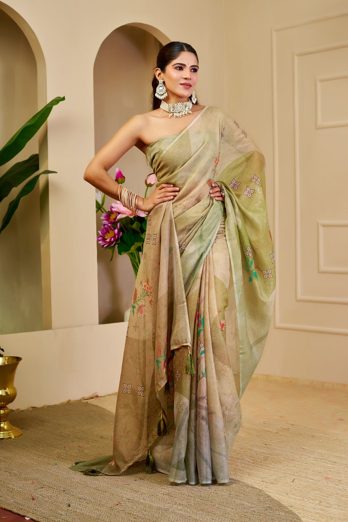 Champagne Gold and Olive Green Tissue Silk Saree with Floral Motifs, Tasselled Pallu and Running Blouse for Festive Wear