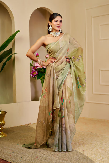 Champagne Gold and Olive Green Tissue Silk Saree with Floral Motifs, Tasselled Pallu and Running Blouse for Festive Wear