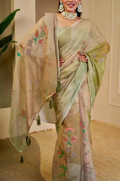 Champagne Gold and Olive Green Tissue Silk Saree with Floral Motifs, Tasselled Pallu and Running Blouse for Festive Wear