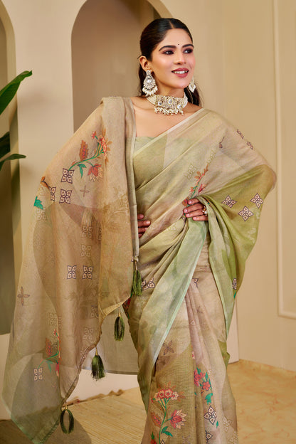 Champagne Gold and Olive Green Tissue Silk Saree with Floral Motifs, Tasselled Pallu and Running Blouse for Festive Wear