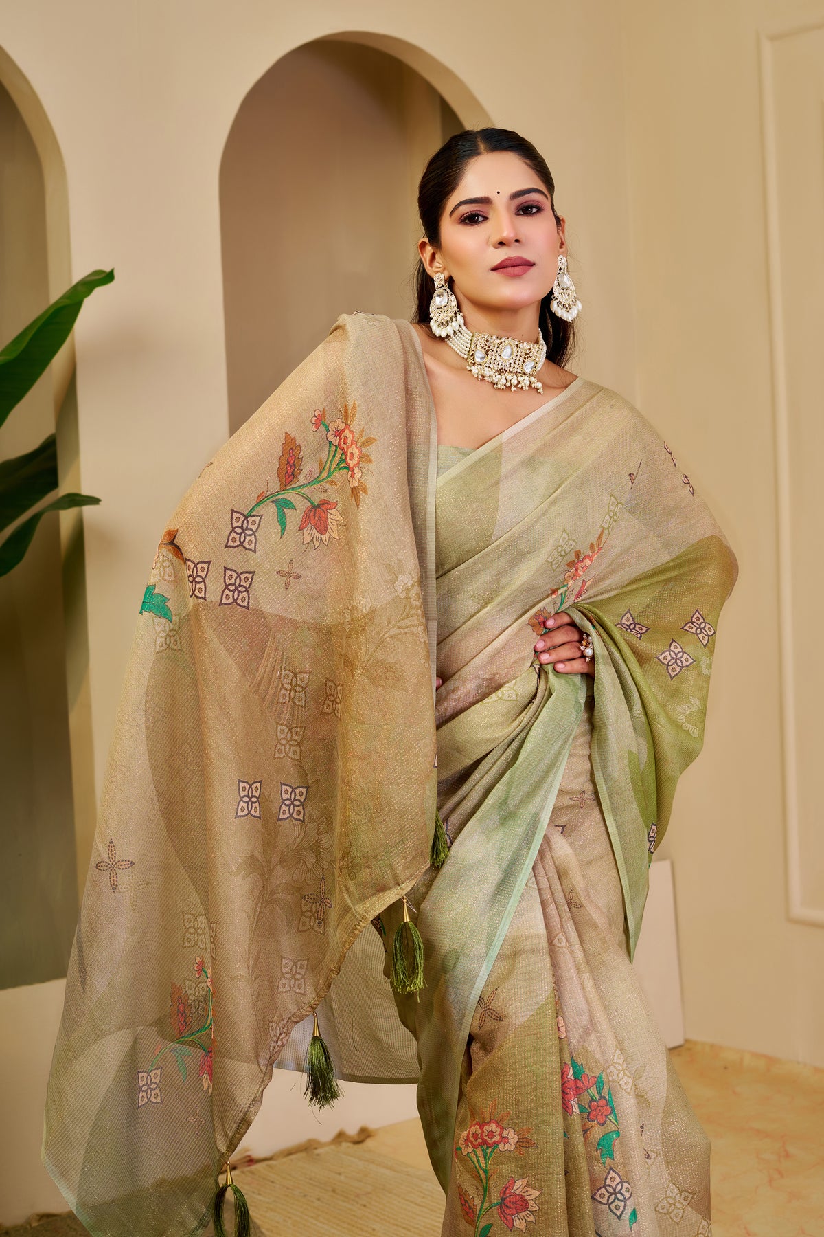 Champagne Gold and Olive Green Tissue Silk Saree with Floral Motifs, Tasselled Pallu and Running Blouse for Festive Wear