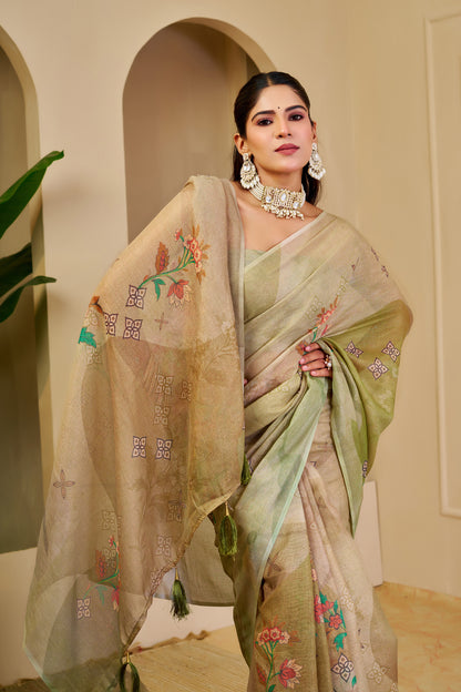 Champagne Gold and Olive Green Tissue Silk Saree with Floral Motifs, Tasselled Pallu and Running Blouse for Festive Wear