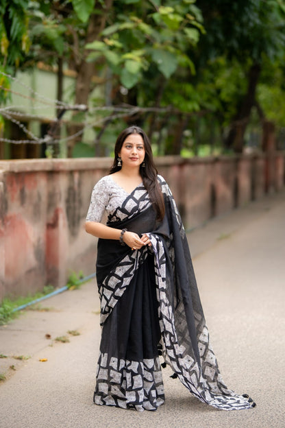 Black white batik linen saree - model close-up
