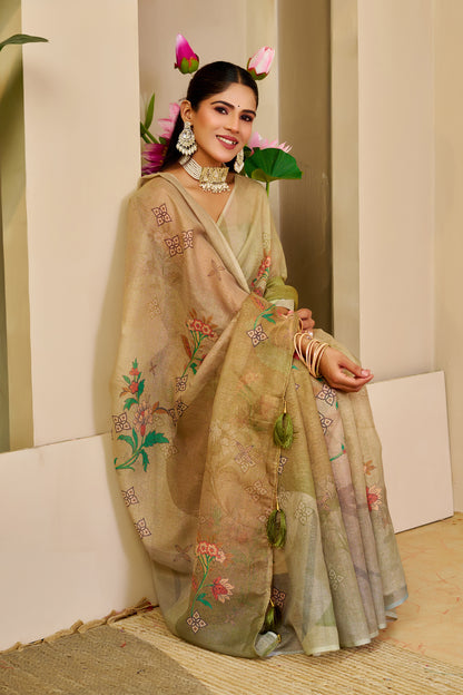 Champagne Gold and Olive Green Tissue Silk Saree with Floral Motifs, Tasselled Pallu and Running Blouse for Festive Wear