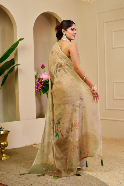 Champagne Gold and Olive Green Tissue Silk Saree with Floral Motifs, Tasselled Pallu and Running Blouse for Festive Wear