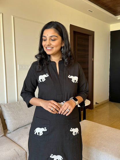 Elephant embroidered cotton pant set - Swaraas