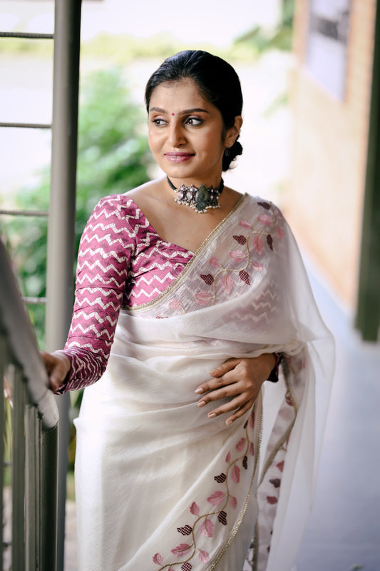 Premium Crushed Georgette Designer Saree in White Leaf Edition with Batik Print Crape Silk Blouse