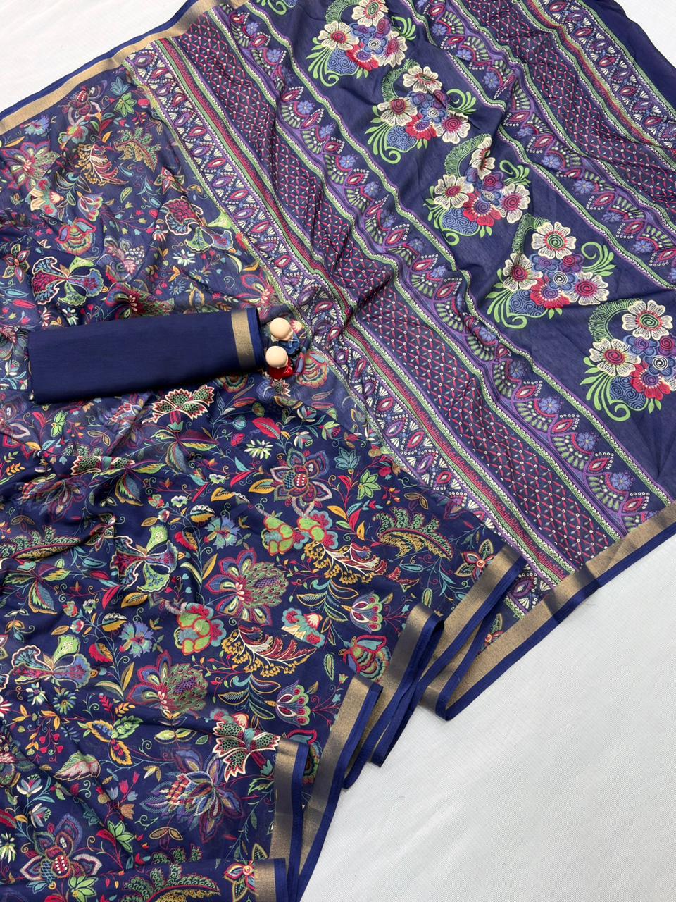 Mul Cotton Silk Kalamkari Print Saree with Zari Border – 6.30 Mtrs