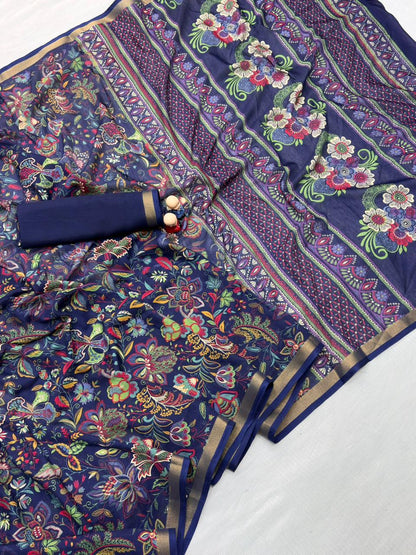 Mul Cotton Silk Kalamkari Print Saree with Zari Border – 6.30 Mtrs
