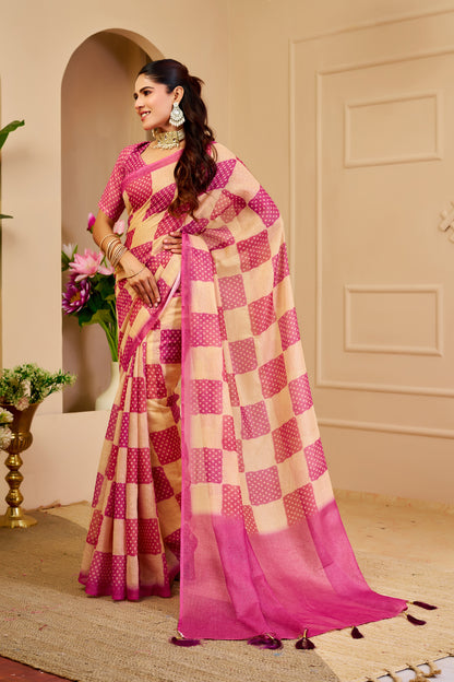 Pink and Champagne Gold Tissue Silk Saree with Checked Design, Tassel Pallu and Running Blouse for Festive Wear