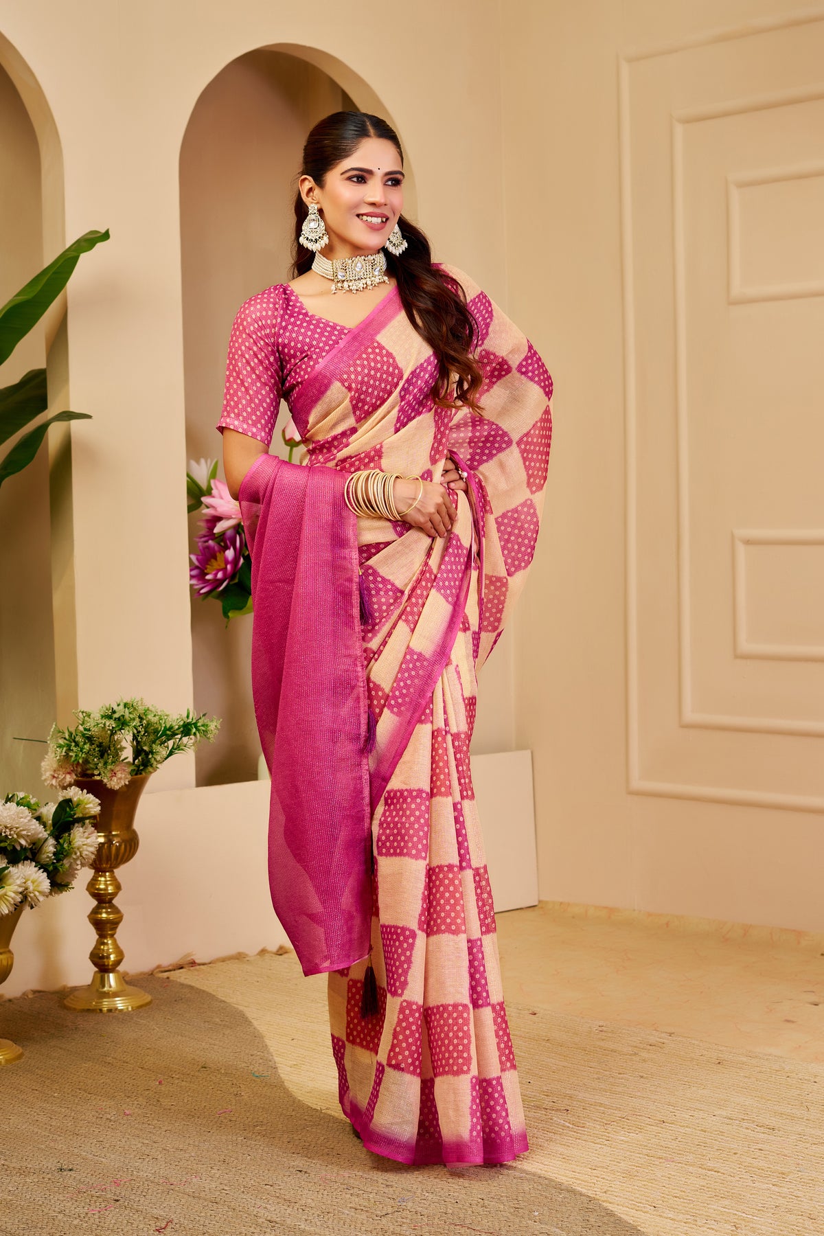 Pink and Champagne Gold Tissue Silk Saree with Checked Design, Tassel Pallu and Running Blouse for Festive Wear