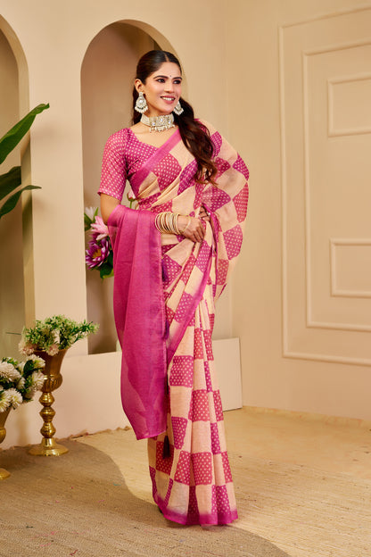Pink and Champagne Gold Tissue Silk Saree with Checked Design, Tassel Pallu and Running Blouse for Festive Wear