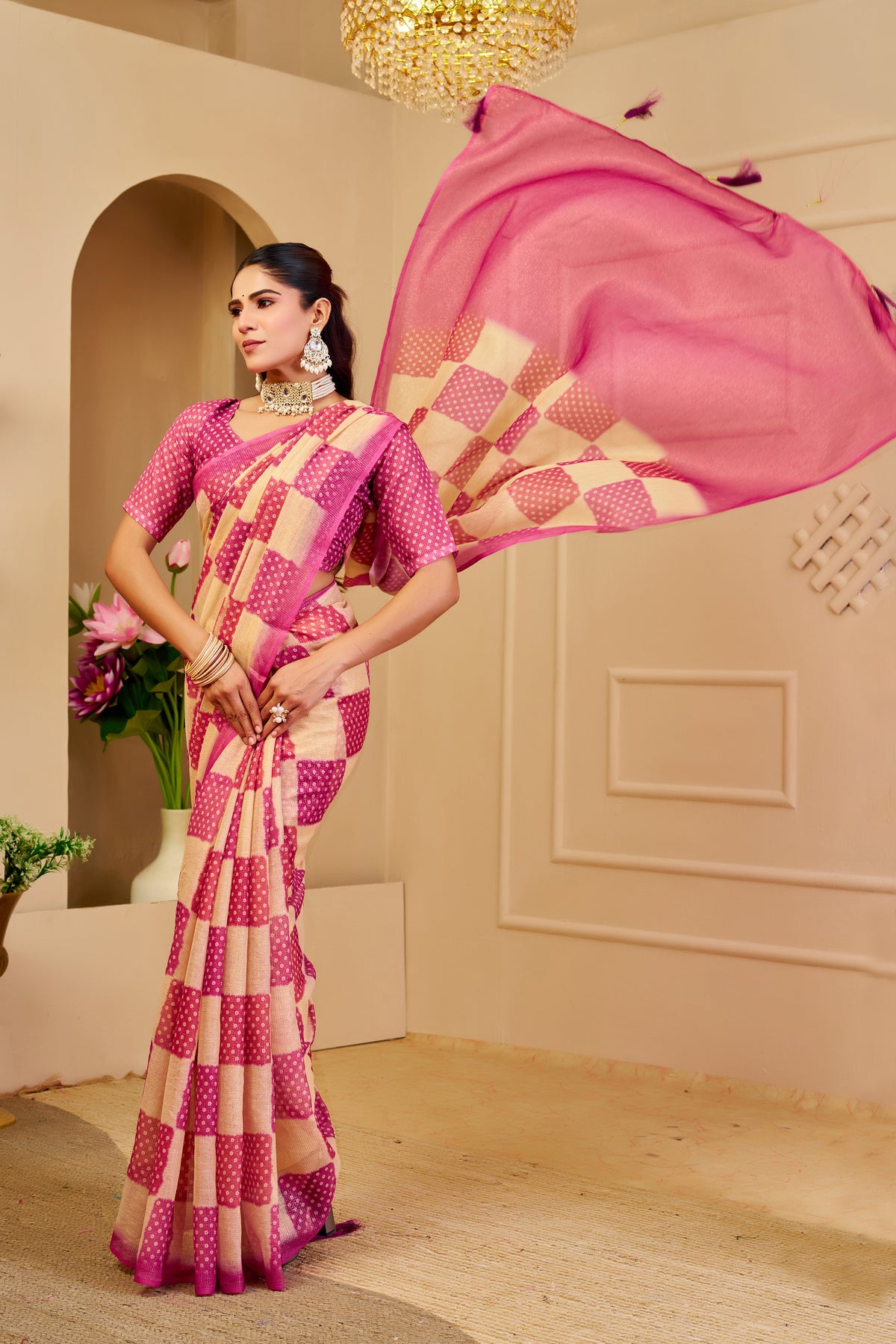 Pink and Champagne Gold Tissue Silk Saree with Checked Design, Tassel Pallu and Running Blouse for Festive Wear