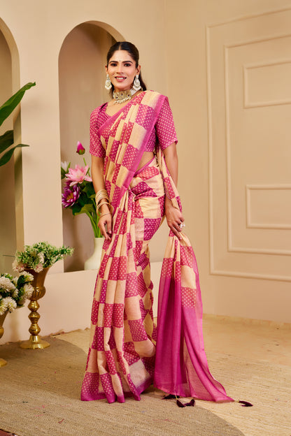 Pink and Champagne Gold Tissue Silk Saree with Checked Design, Tassel Pallu and Running Blouse for Festive Wear
