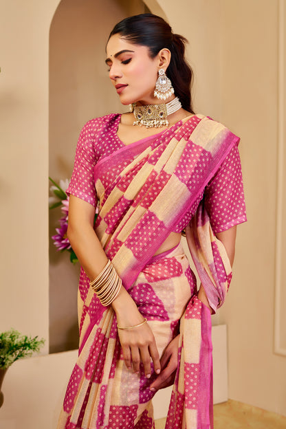 Pink and Champagne Gold Tissue Silk Saree with Checked Design, Tassel Pallu and Running Blouse for Festive Wear