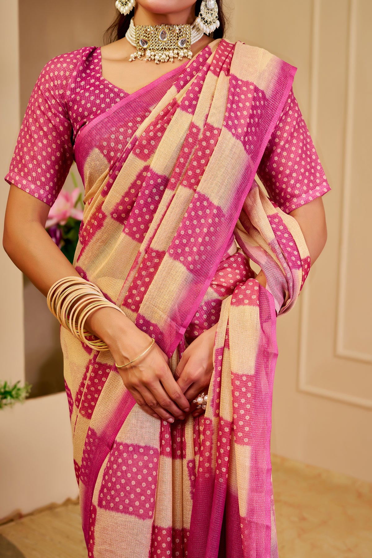 Pink and Champagne Gold Tissue Silk Saree with Checked Design, Tassel Pallu and Running Blouse for Festive Wear