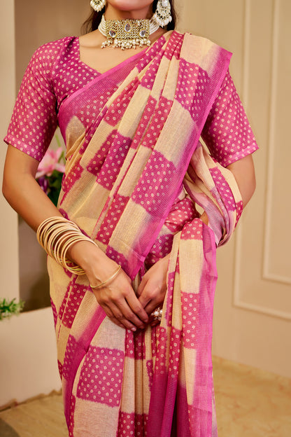 Pink and Champagne Gold Tissue Silk Saree with Checked Design, Tassel Pallu and Running Blouse for Festive Wear