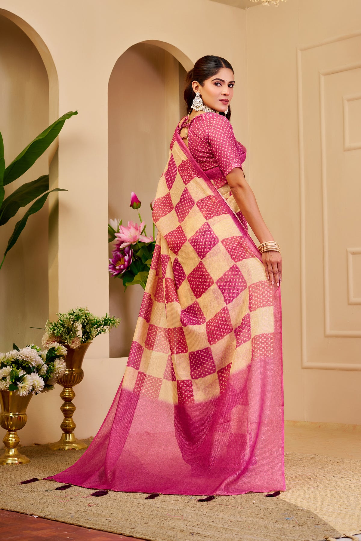 Pink and Champagne Gold Tissue Silk Saree with Checked Design, Tassel Pallu and Running Blouse for Festive Wear