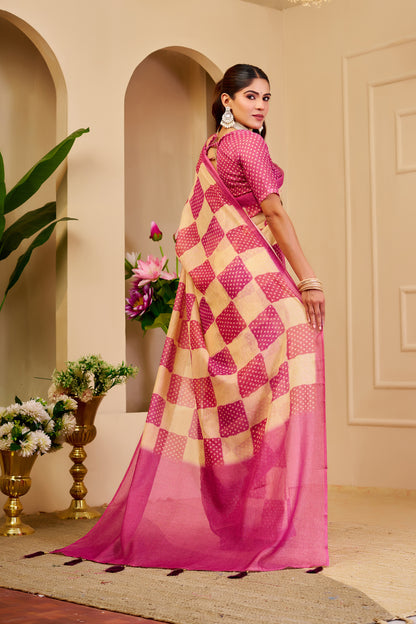 Pink and Champagne Gold Tissue Silk Saree with Checked Design, Tassel Pallu and Running Blouse for Festive Wear