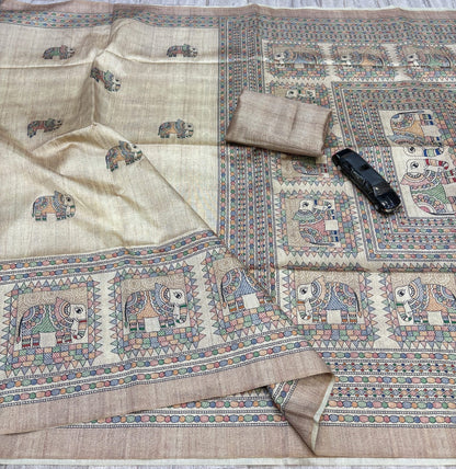 Cream Beige Silk Blend Saree with Multicolour Elephant Motifs, Decorative Pallu and Running Blouse for Festive Wear