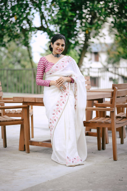 Premium Crushed Georgette Designer Saree in White Leaf Edition with Batik Print Crape Silk Blouse