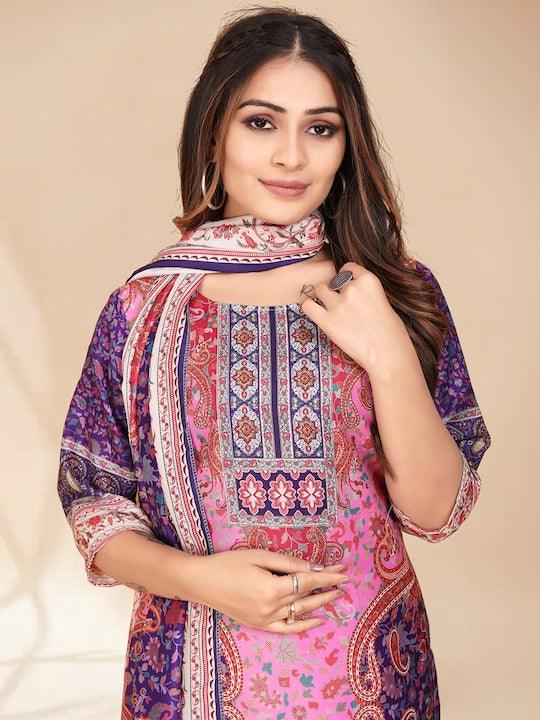 Pink, purple & white printed Kurta with Trousers & dupatta