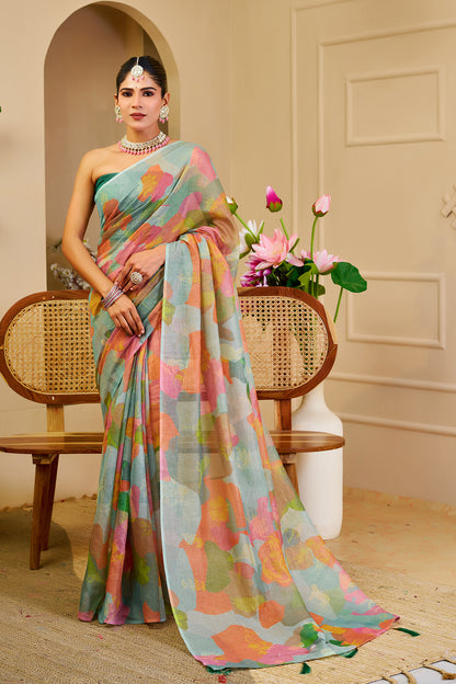 Sea Green Tissue Silk Saree with Multicolour Abstract Print and Running Blouse, 6.3 Metres for Festive Occasions