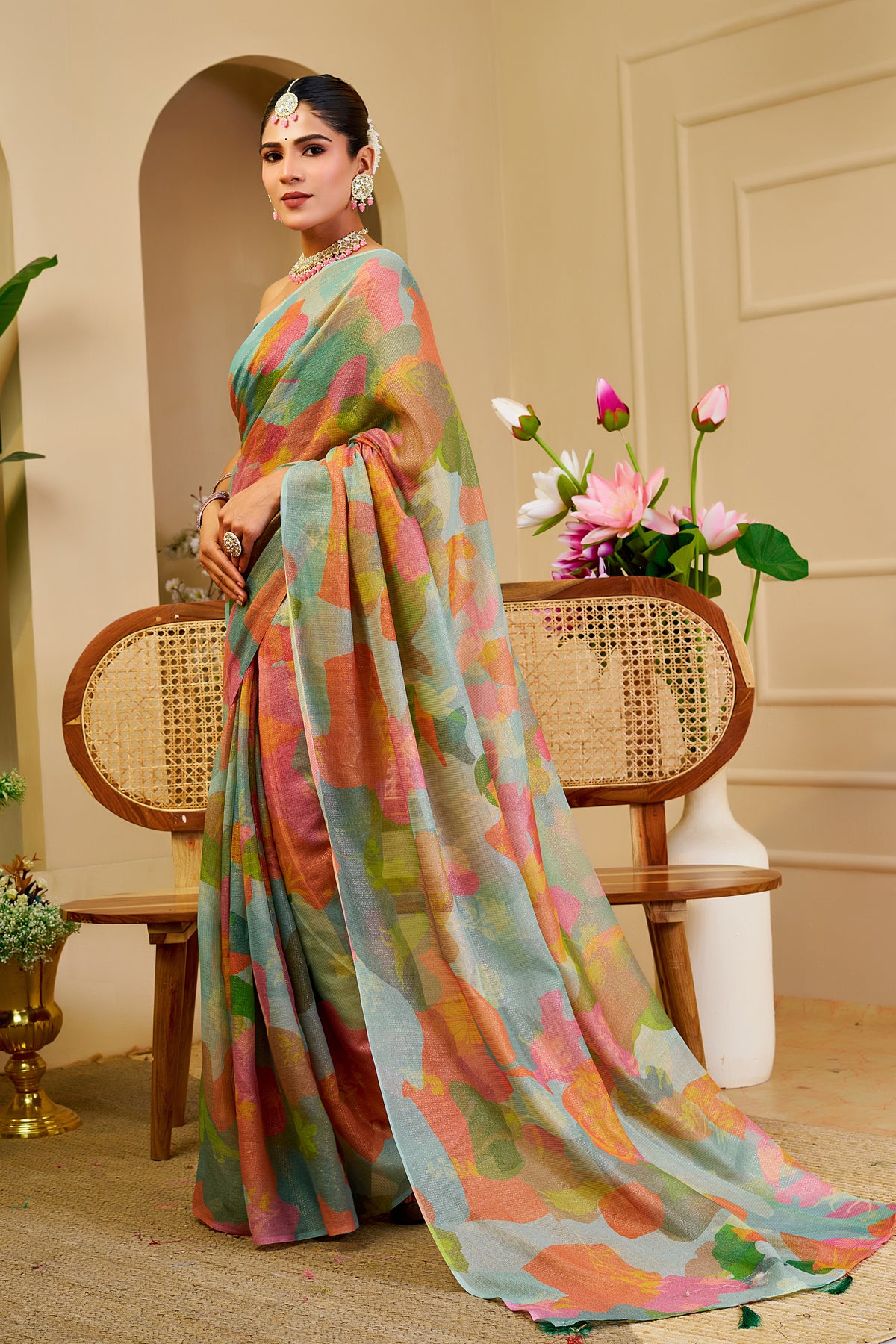 Sea Green Tissue Silk Saree with Multicolour Abstract Print and Running Blouse, 6.3 Metres for Festive Occasions