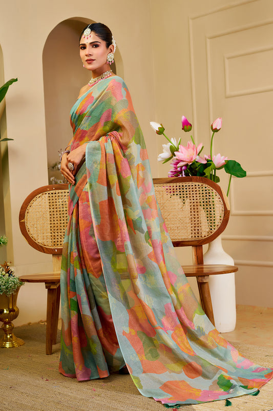 Sea Green Tissue Silk Saree with Multicolour Abstract Print and Running Blouse, 6.3 Metres for Festive Occasions