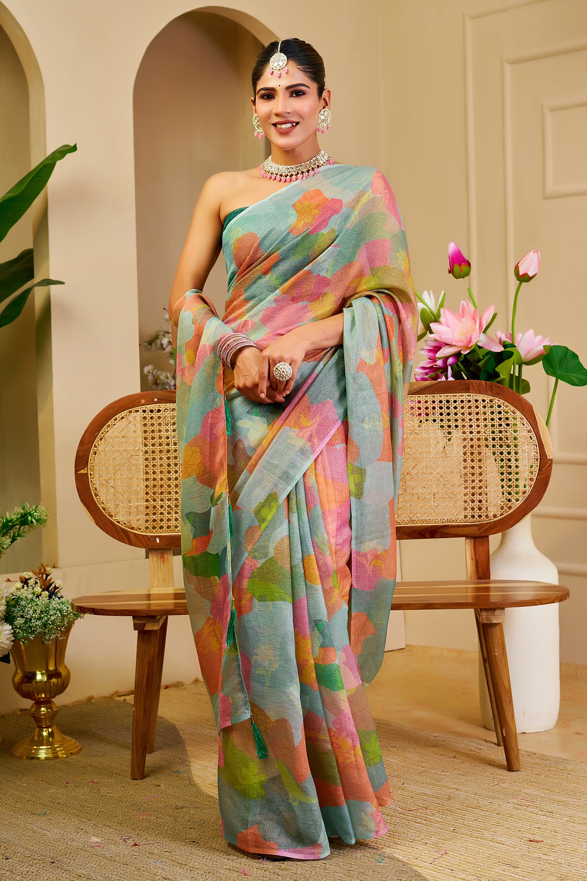Sea Green Tissue Silk Saree with Multicolour Abstract Print and Running Blouse, 6.3 Metres for Festive Occasions