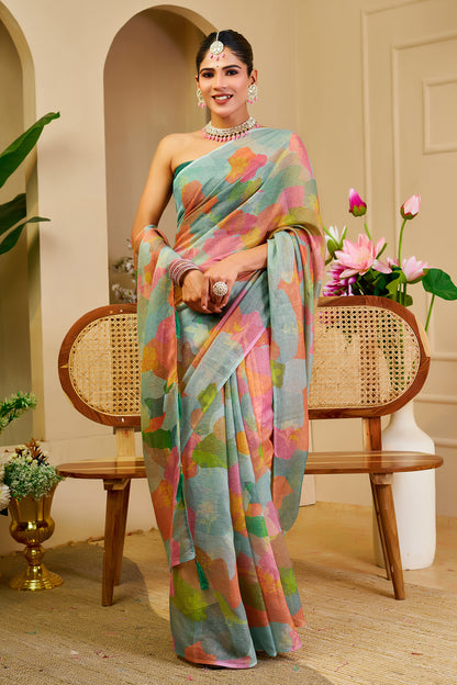 Sea Green Tissue Silk Saree with Multicolour Abstract Print and Running Blouse, 6.3 Metres for Festive Occasions