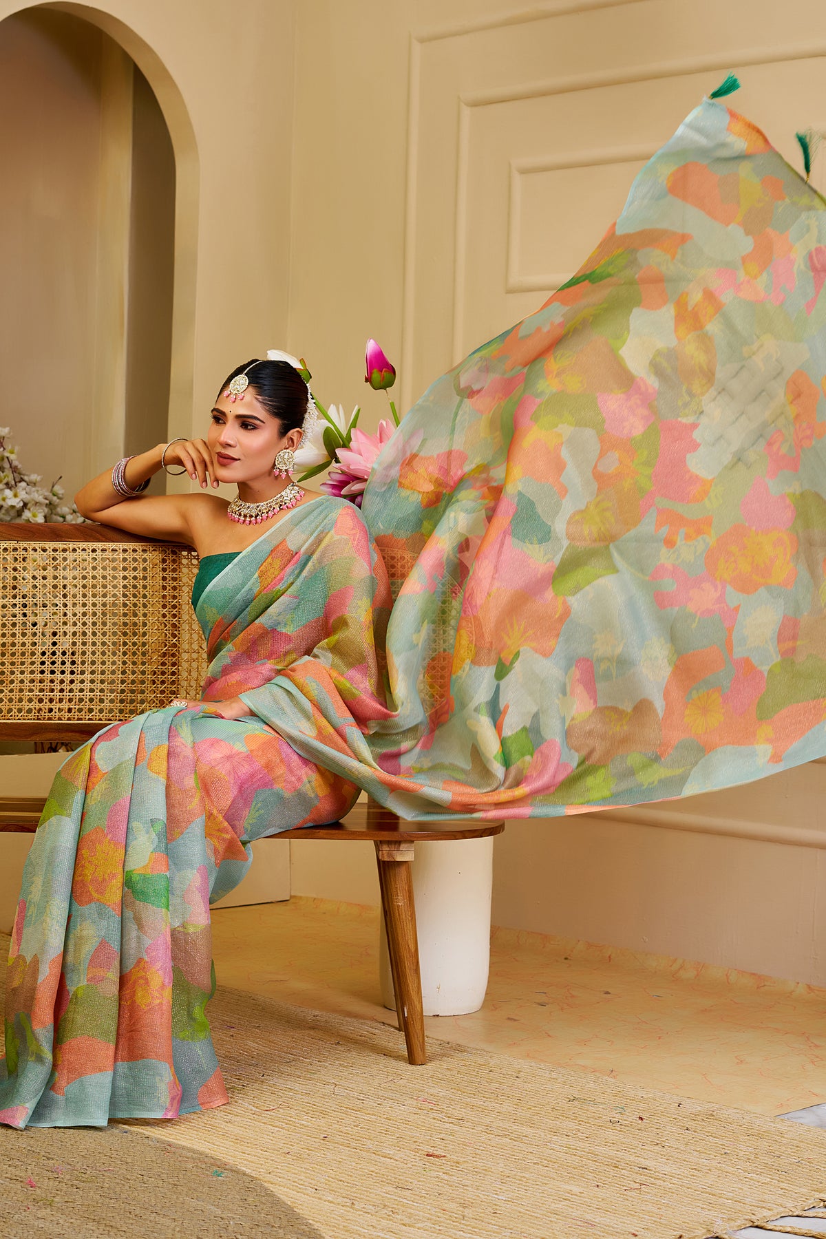 Sea Green Tissue Silk Saree with Multicolour Abstract Print and Running Blouse, 6.3 Metres for Festive Occasions