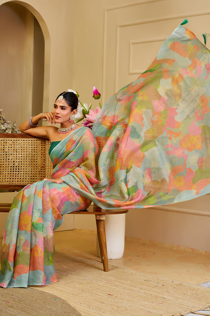 Sea Green Tissue Silk Saree with Multicolour Abstract Print and Running Blouse, 6.3 Metres for Festive Occasions