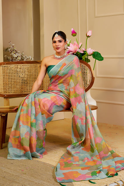 Sea Green Tissue Silk Saree with Multicolour Abstract Print and Running Blouse, 6.3 Metres for Festive Occasions