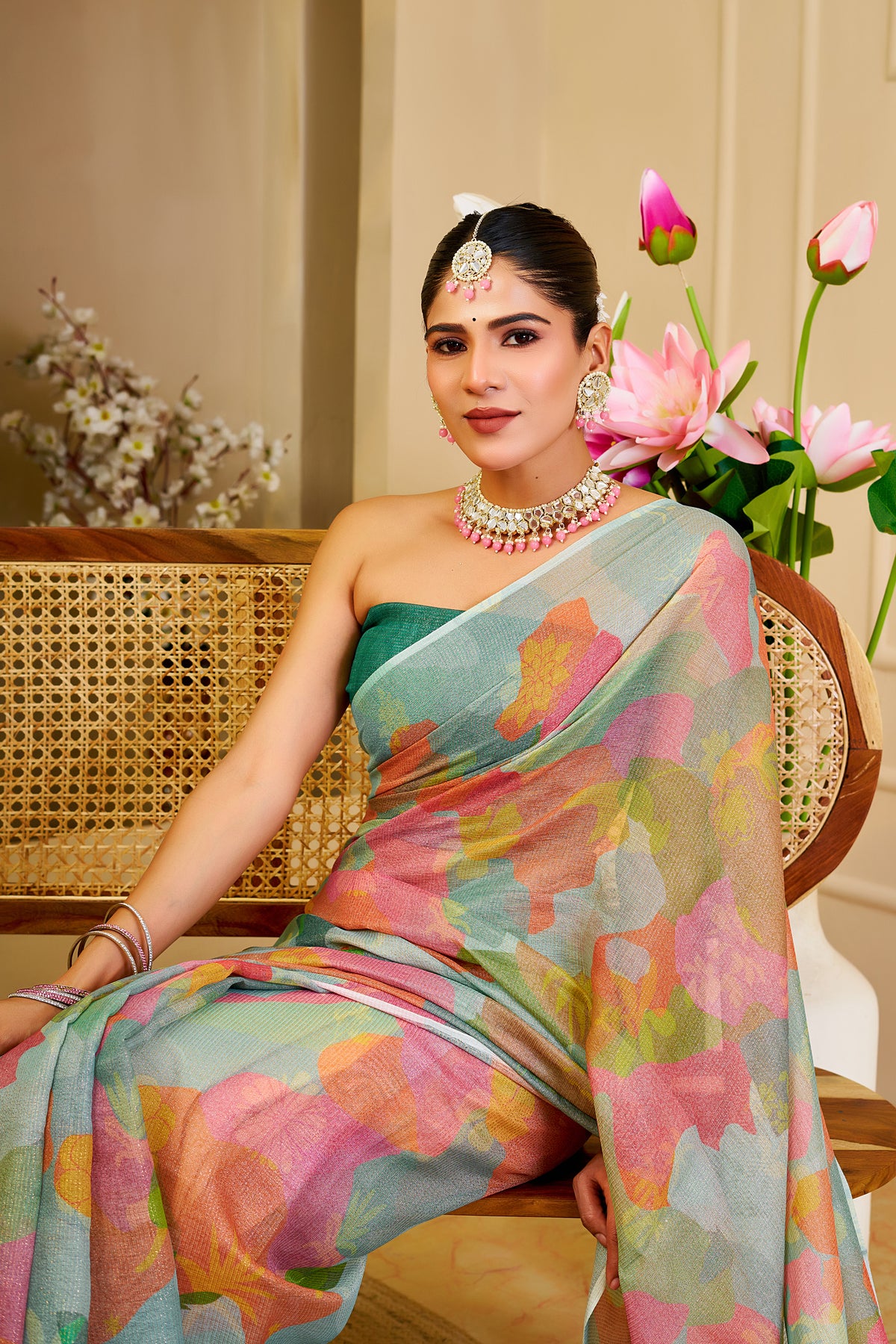 Sea Green Tissue Silk Saree with Multicolour Abstract Print and Running Blouse, 6.3 Metres for Festive Occasions