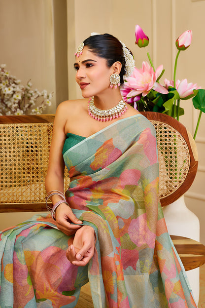 Sea Green Tissue Silk Saree with Multicolour Abstract Print and Running Blouse, 6.3 Metres for Festive Occasions