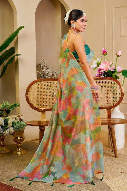 Sea Green Tissue Silk Saree with Multicolour Abstract Print and Running Blouse, 6.3 Metres for Festive Occasions