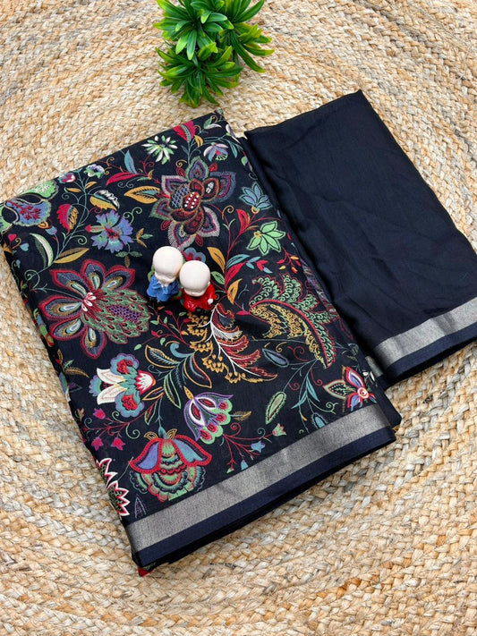 Mul Cotton Silk Kalamkari Print Saree with Zari Border – 6.30 Mtrs