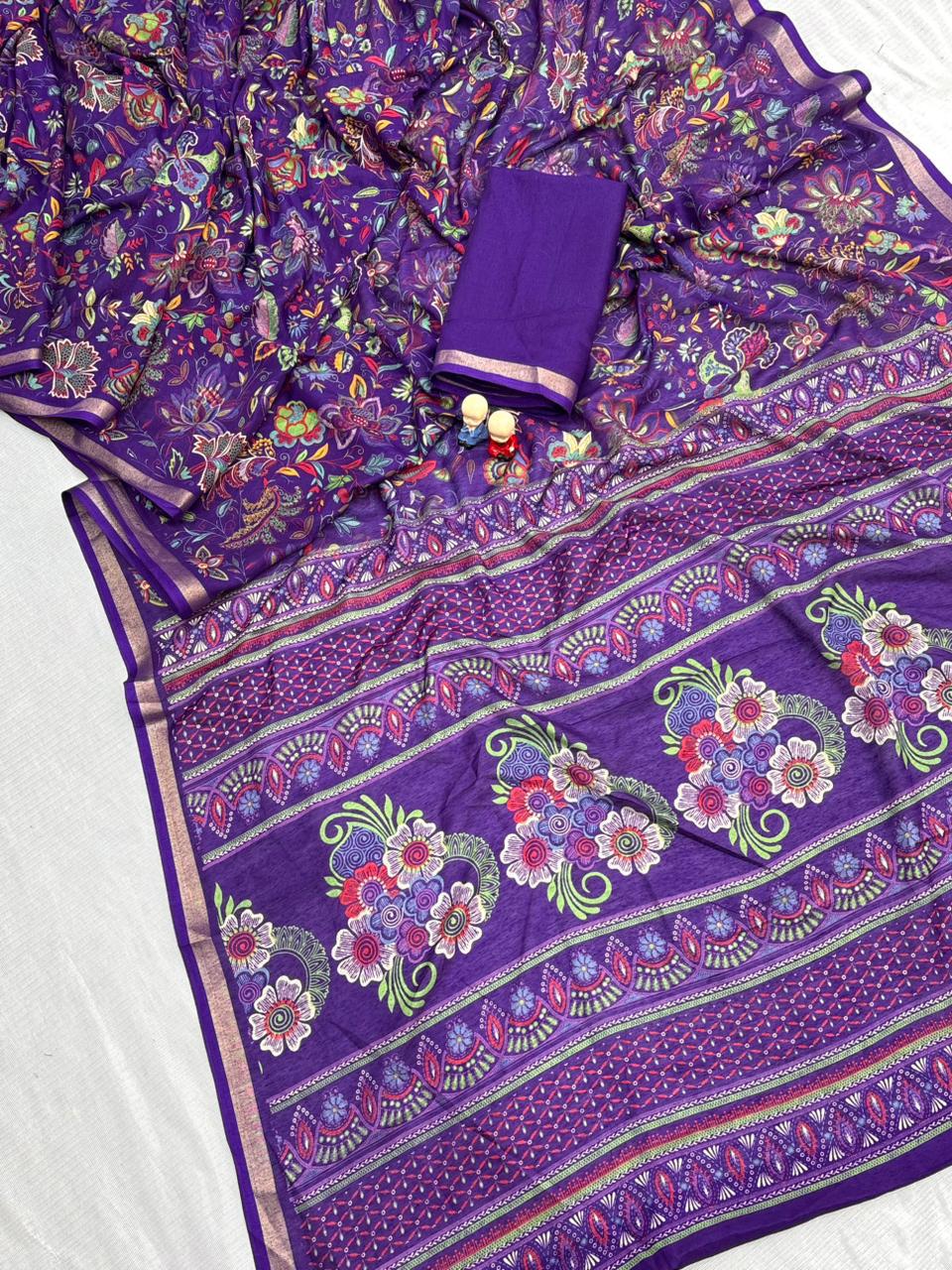 Mul Cotton Silk Kalamkari Print Saree with Zari Border – 6.30 Mtrs