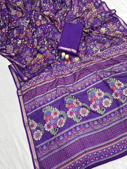 Mul Cotton Silk Kalamkari Print Saree with Zari Border – 6.30 Mtrs