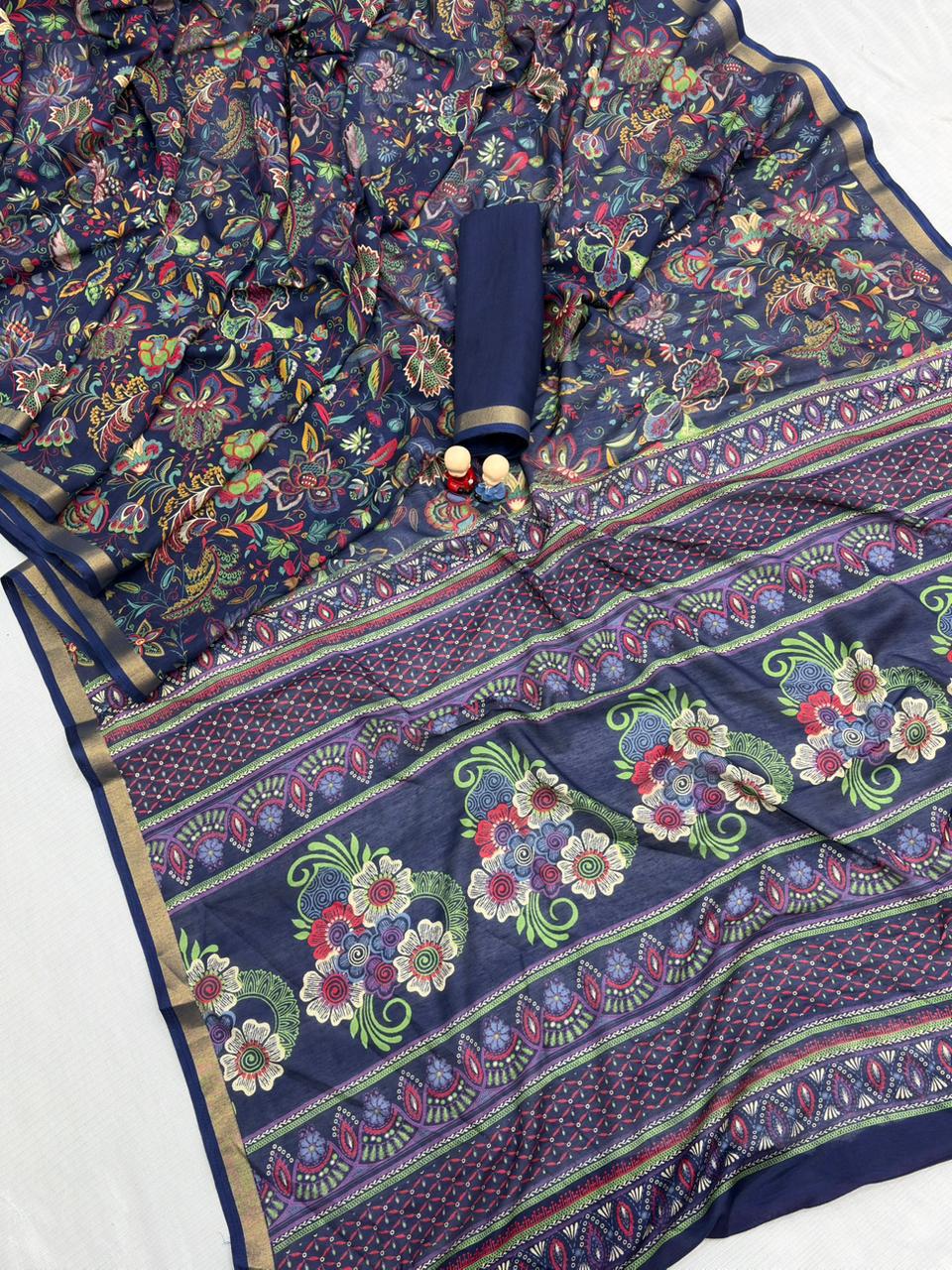 Mul Cotton Silk Kalamkari Print Saree with Zari Border – 6.30 Mtrs