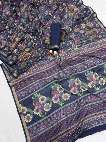 Mul Cotton Silk Kalamkari Print Saree with Zari Border – 6.30 Mtrs