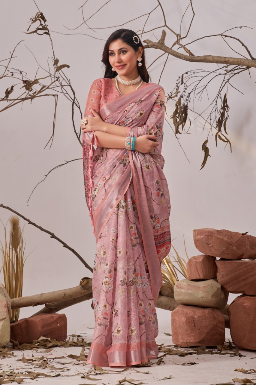 Dusty Rose Pink Floral Print Soft Linen Cotton Saree with Tasselled Pallu & Running Blouse for Office Wear